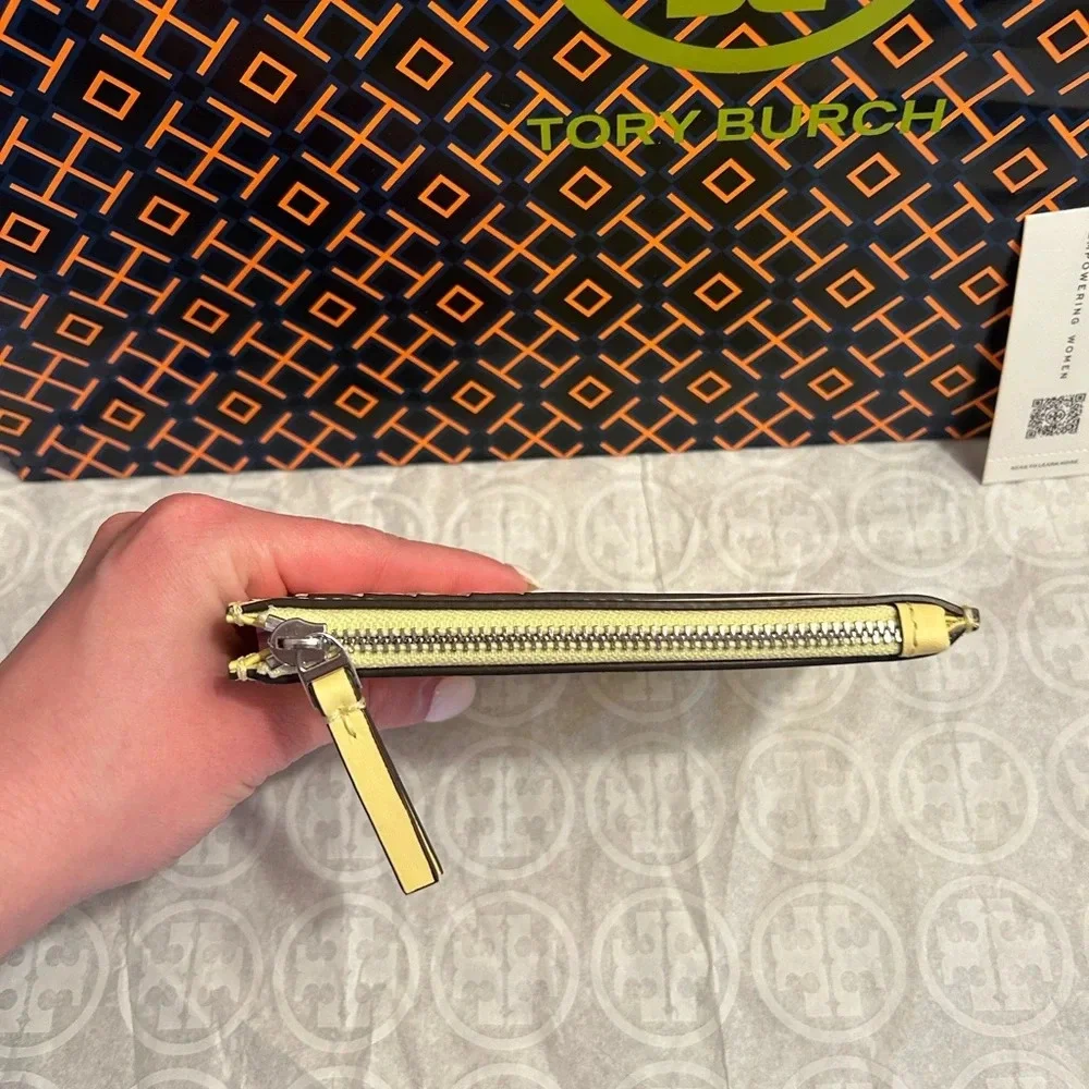 Tory Burch Britten Soft Zip Card Case Mini Wallet Vintage Lemon Silver Yellow